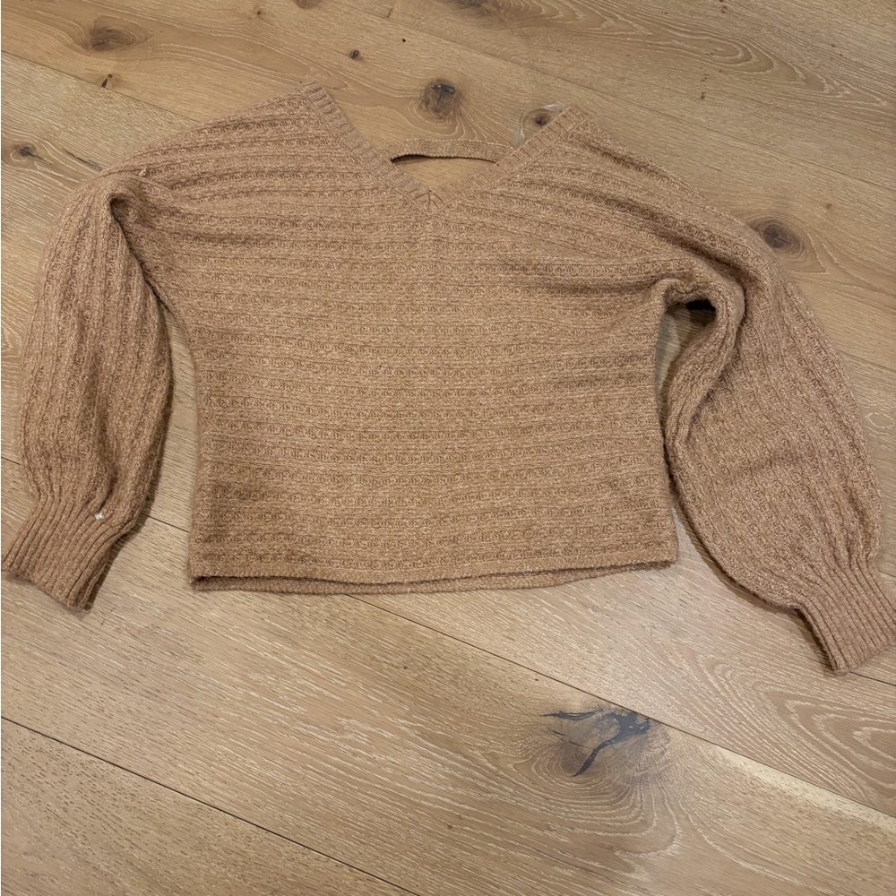 Francesca's Collections Tan V-Neck Sweater Open Back